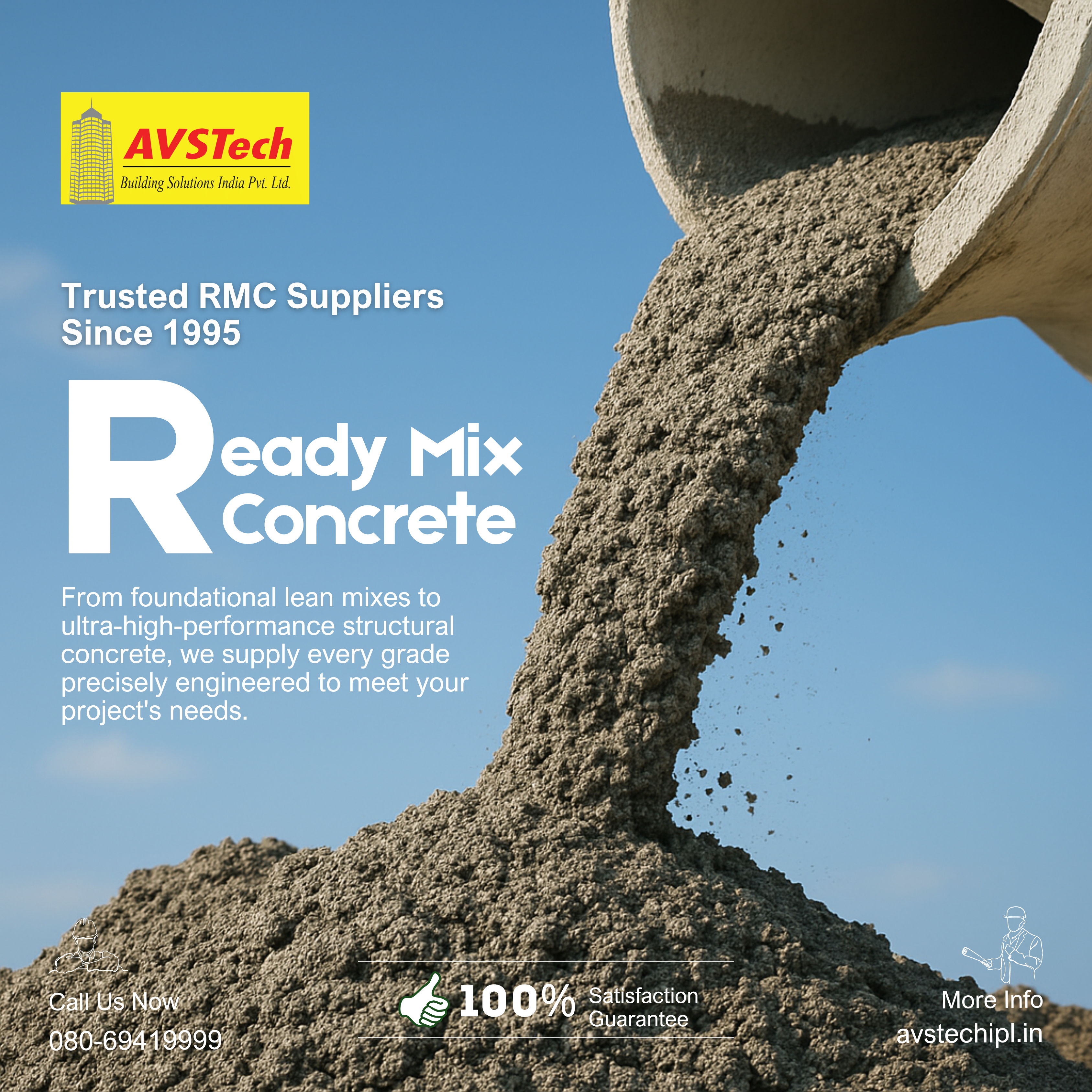 Ready Mixed Concrete at Best Price - Bangalore’s Most Trusted RMC Suppliers Since 1995! AVSTech Group stands at the forefront of the construction industry, consistently delivering top-tier Ready Mix Concrete (RMC) that redefines standards for durability and performance. Our commitment to excellence powers everything from iconic residential landmarks to sprawling industrial developments across Bangalore.