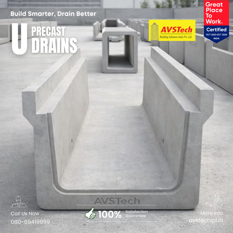Precast U Drains - AVSTech High-performance precast U drain systems for faster installation, stronger infrastructure, and trouble-free water management.